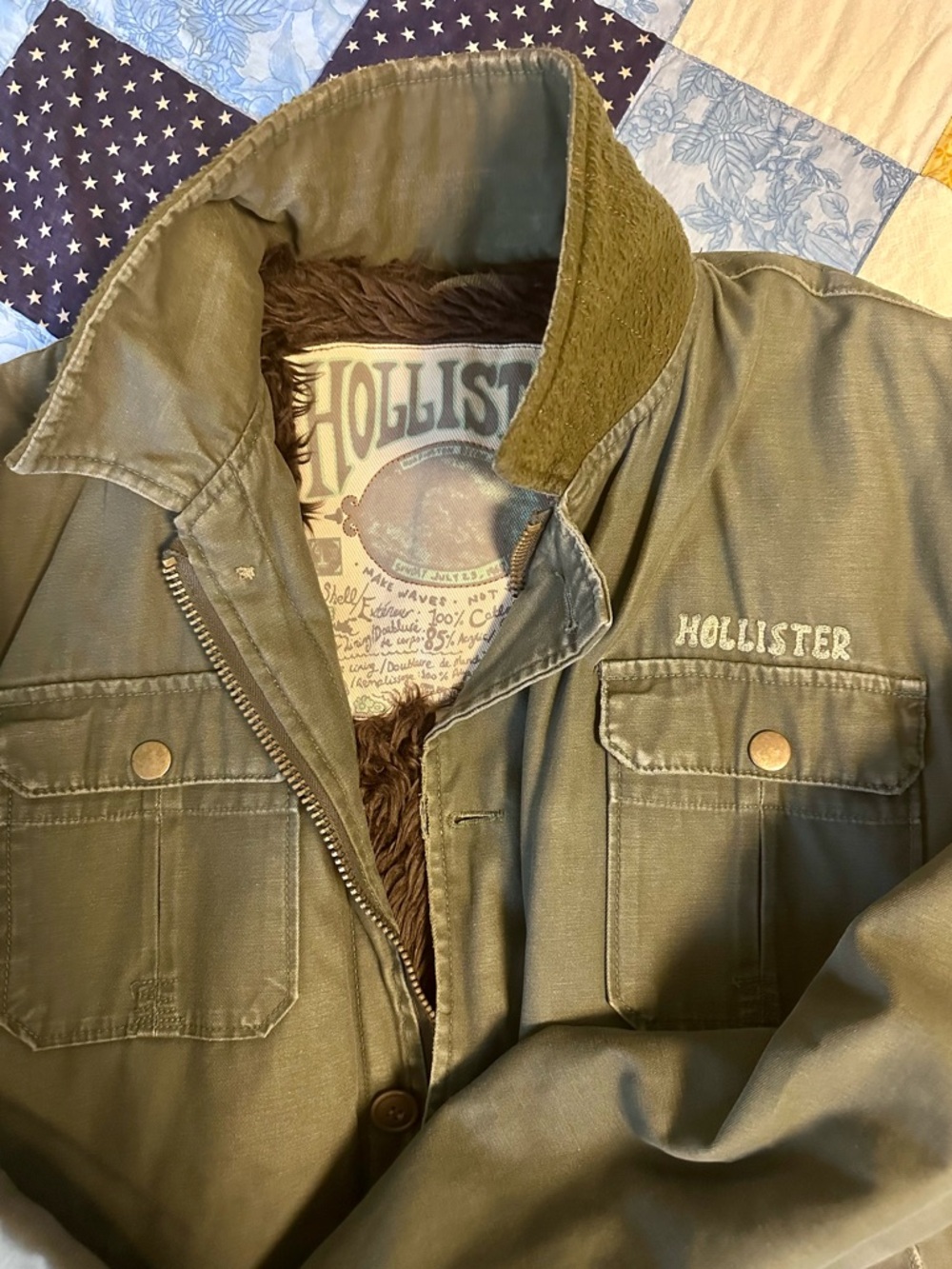 Hollister Men's Olive Green Faux-Fur Lined Coat